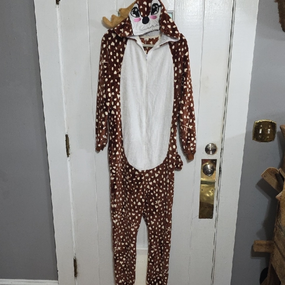 Womens One Piece Hooded Pajamas Costume Reindeer Fuzzy‎ Zips Halloween Sz XL EUC